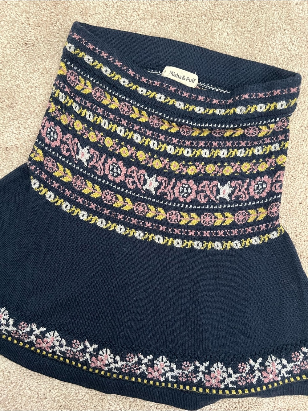 Misha And Puff 100% Wool Soft Navy Skirt with Pink & Yellow Fair Isle